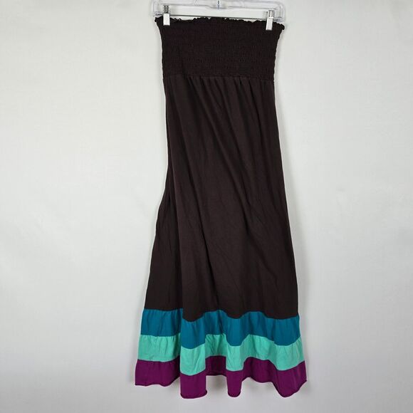 Xhilaration Dress Women's L Shirred Strapless Long Length Colorblock Brown Multi - Picture 1 of 9